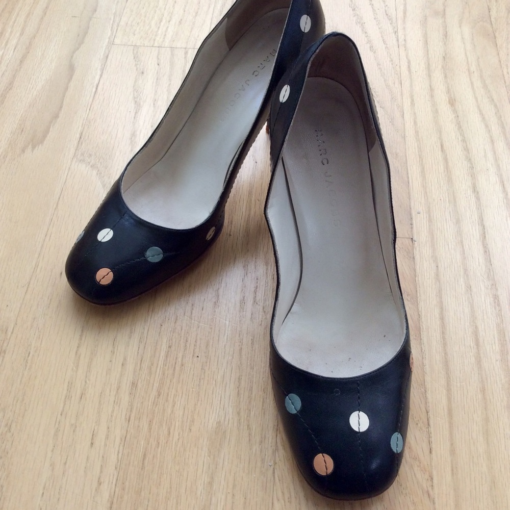 Marc Jacobs Black Vintage Leather Polka Dot Heels, sz 37.5